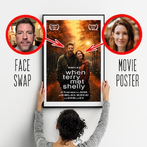 Póster de película romántica personalizado: arte enmarcado de primera calidad y descarga digital: intercambio de rostro y cabello, texto personalizado, todo personalizado. Regalo ideal para amantes