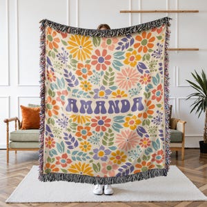 Retro Name Woven Blanket, 100% Cotton, Personalized Kid Flower Retro Blanket with Name, Custom Birthday Anniversary, Baby Name Blanket
