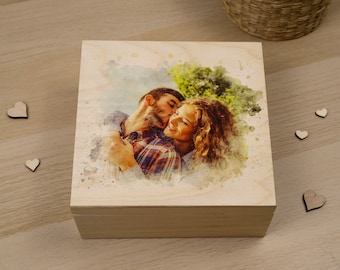 Personalized wooden box with your photo on, keepsake wooden box made of linden, fifth anniversary