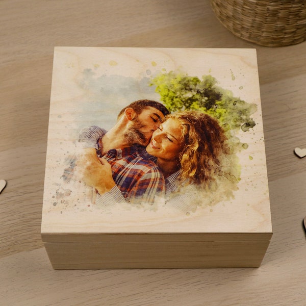 Personalisierte Holzkiste mit Ihrem Foto darauf, Andenken aus Lindenholz, Jubiläumsgeschenk