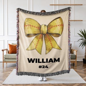 Personalized Custom Softball Woven Blanket, 100% Cotton, Coquette Bow Softball Blanket Coquette Blanket Personalized Name Blanket Custom