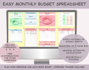 Könnte beinhalten: Ein Computermonitor, der eine Budget-Tabelle mit der Aufschrift "EASY MONTHLY BUDGET SPREADSHEET" anzeigt. Die Tabelle enthält Abschnitte für Einnahmen, Ausgaben und Schulden, mit Diagrammen und Grafiken. Der Text "PLAN YOUR SPENDING AND SAVE MORE MONEY" ist ebenfalls sichtbar.