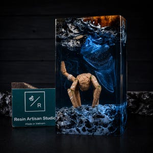 May include: A rectangular resin block featuring a submerged wooden figure with white markings, surrounded by swirling blue and white smoke-like patterns. The base is textured dark rock, and a green card with the text Resin Artisan Studio is visible.