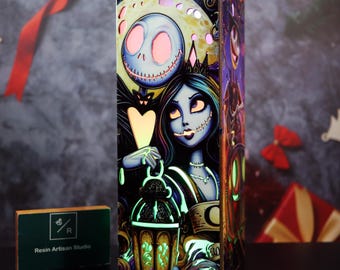 Halloween wooden Lamp, Jack and Ghost Dog, Spooky Handmade Decor, Jack and Sally night light, Christmas decorative lights, wood box lamp