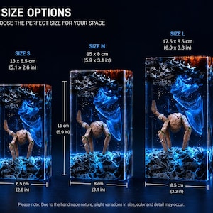 May include: Three rectangular resin night lights in sizes S, M, and L, featuring a brown creature inside a blue and black landscape. Size S is 13 x 6.5 cm, M is 15 x 8 cm, and L is 17.5 x 8.5 cm. Text includes 3 SIZE OPTIONS.