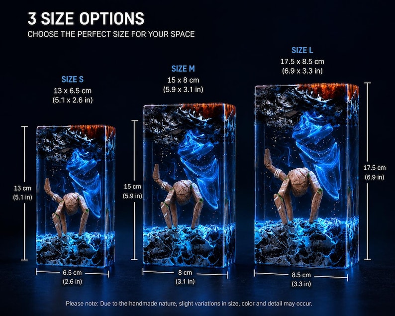 May include: Three rectangular resin night lights in sizes S, M, and L, featuring a brown creature inside a blue and black landscape. Size S is 13 x 6.5 cm, M is 15 x 8 cm, and L is 17.5 x 8.5 cm. Text includes 3 SIZE OPTIONS.