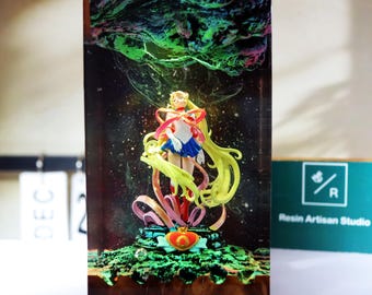 Ręcznie robiona figurka Sailor Moon z lampką nocną, prezent dla dzieci z figurką Sailor Moon, prezent walentynkowy dla fana Sailor Moon, lampa z żywicy z motywem anime Sailor Moon