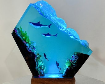 Mother Shark and Baby Shark Night Light: Mermaid Treasure Hunt, Epoxy Resin Table Lamp, Anniversary Gift for him, Custom Night Light Lamp