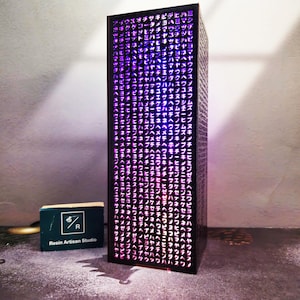 Custome Green Code Lamp, Green Hieroglyphs Numbers Vertical Lines Mathematics, Desk Cyber Night Lamp, Sci-Fi LED Futuristic Lamp, Wood lamp
