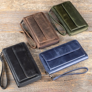 Lederen schoudertasje met ritssluiting, telefoonportemonnee, gepersonaliseerde lederen bifold lange portemonnee, aangepaste clutch portemonnee, handgemaakt cadeau voor haar