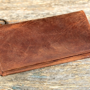 Cartera de embrague de cuero marrón personalizada, cartera de teléfono larga de cuero, cartera personalizada de tarjeta de crédito hecha a mano, regalo para ella