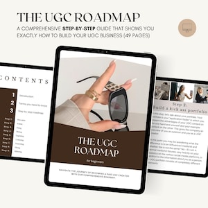 K&ouml;nnte beinhalten: Ein digitaler Leitfaden mit dem Titel THE UGC ROADMAP for beginners, dargestellt auf drei Tablet-Bildschirmen. Das Cover zeigt Text und ein Bild von H&auml;nden, die eine schwarze Sonnenbrille halten. Die Seiten zeigen ein Inhaltsverzeichnis.