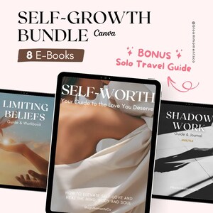 Pode incluir: Um pacote de produtos digitais intitulado "SELF-GROWTH BUNDLE" com 8 e-books. A imagem mostra três tablets exibindo os títulos "LIMITING BELIEFS", "SELF-WORTH" e "SHADOW WORK". O pacote inclui um guia de viagem solo de bônus.