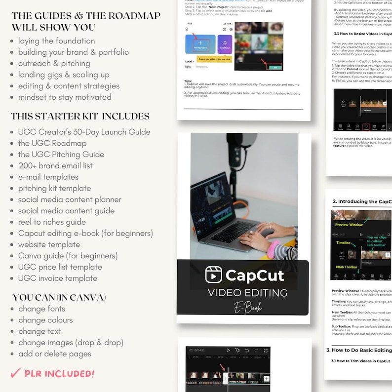 K&ouml;nnte beinhalten: Ein digitales Starter-Kit f&uuml;r UGC-Ersteller mit einem CapCut-Videobearbeitungs-E-Book, einem 30-Tage-Startleitfaden, einer Roadmap, Pitching-Leitf&auml;den, E-Mail-Vorlagen, einem Social-Media-Planer und bearbeitbaren Canva-Vorlagen.