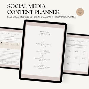 K&ouml;nnte beinhalten: Ein digitaler Social-Media-Content-Planer, der auf drei Tablet-Bildschirmen angezeigt wird. Der Text lautet SOCIAL MEDIA CONTENT PLANNER, STAY ORGANIZED AND SET CLEAR GOALS WITH THIS 39-PAGE PLANNER, CONTENTS, AUDIT & STATISTICS, CONTENT PILLARS und POSTING SCHEDULE.
