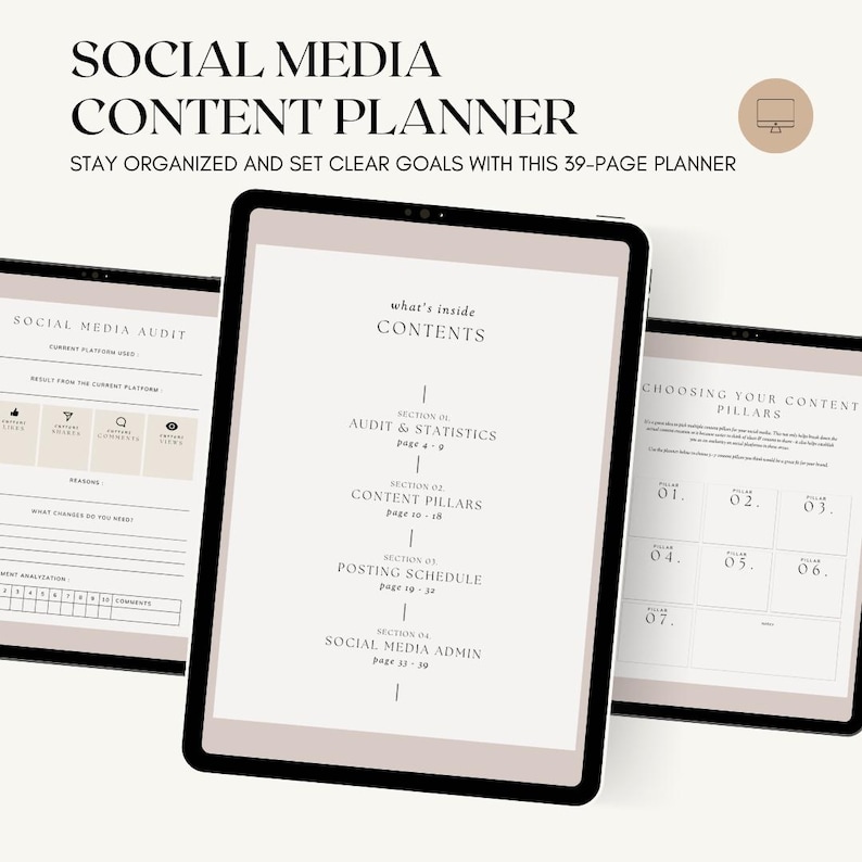 K&ouml;nnte beinhalten: Ein digitaler Social-Media-Content-Planer, der auf drei Tablet-Bildschirmen angezeigt wird. Der Text lautet SOCIAL MEDIA CONTENT PLANNER, STAY ORGANIZED AND SET CLEAR GOALS WITH THIS 39-PAGE PLANNER, CONTENTS, AUDIT & STATISTICS, CONTENT PILLARS und POSTING SCHEDULE.