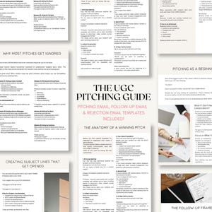 K&ouml;nnte beinhalten: Ein digitaler Leitfaden mit dem Titel The UGC Pitching Guide mit schwarzem Text auf wei&szlig;en Seiten. Das Dokument enth&auml;lt Abschnitte dar&uuml;ber, warum Pitches ignoriert werden, die Anatomie eines erfolgreichen Pitches und E-Mail-Vorlagen.