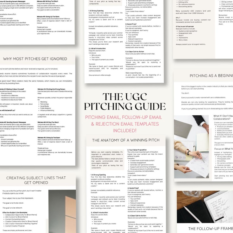 K&ouml;nnte beinhalten: Ein digitaler Leitfaden mit dem Titel The UGC Pitching Guide mit schwarzem Text auf wei&szlig;en Seiten. Das Dokument enth&auml;lt Abschnitte dar&uuml;ber, warum Pitches ignoriert werden, die Anatomie eines erfolgreichen Pitches und E-Mail-Vorlagen.