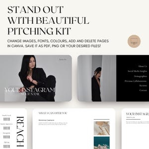 K&ouml;nnte beinhalten: Eine digitale Pitching-Kit-Vorlage mit dem Text STAND OUT WITH BEAUTIFUL PITCHING KIT. Das Layout enth&auml;lt Abschnitte f&uuml;r Social-Media-Einblicke, demografische Daten und Kooperationen mit Platzhaltern f&uuml;r Bilder und Text in einem klaren Design.