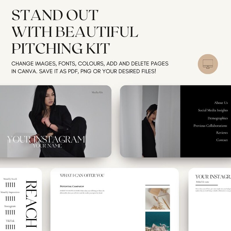K&ouml;nnte beinhalten: Eine digitale Pitching-Kit-Vorlage mit dem Text STAND OUT WITH BEAUTIFUL PITCHING KIT. Das Layout enth&auml;lt Abschnitte f&uuml;r Social-Media-Einblicke, demografische Daten und Kooperationen mit Platzhaltern f&uuml;r Bilder und Text in einem klaren Design.