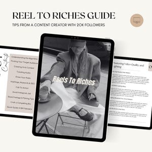 K&ouml;nnte beinhalten: Ein digitaler Leitfaden mit dem Titel Reel To Riches Guide mit Tipps von einem Content Creator mit 20.000 Followern. Der Leitfaden enth&auml;lt ein Inhaltsverzeichnis, eine Titelseite mit einem Schwarz-Wei&szlig;-Foto und eine Seite zur Videoqualit&auml;t.