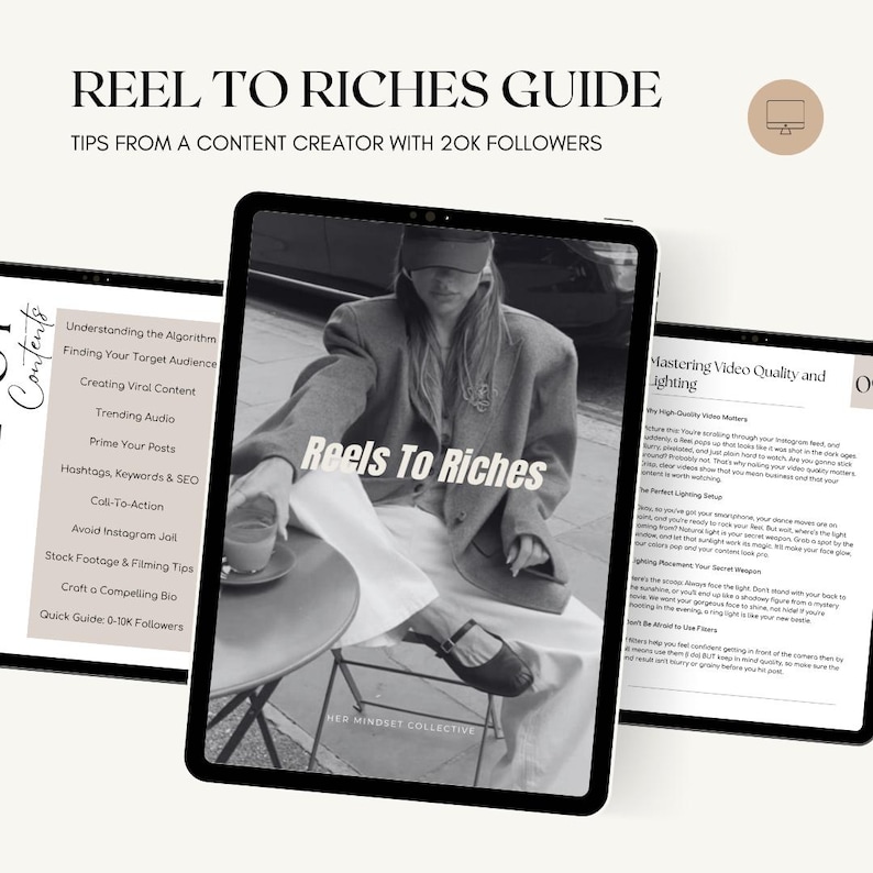 K&ouml;nnte beinhalten: Ein digitaler Leitfaden mit dem Titel Reel To Riches Guide mit Tipps von einem Content Creator mit 20.000 Followern. Der Leitfaden enth&auml;lt ein Inhaltsverzeichnis, eine Titelseite mit einem Schwarz-Wei&szlig;-Foto und eine Seite zur Videoqualit&auml;t.