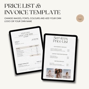 K&ouml;nnte beinhalten: Eine digitale Preislisten- und Rechnungsvorlage auf zwei Tablets. Der Text lautet PRICE LIST & INVOICE TEMPLATE, Services Price List, und enth&auml;lt Abschnitte f&uuml;r Fotografie, Content-Erstellung und Schreibdienste mit Platzhalterbildern.
