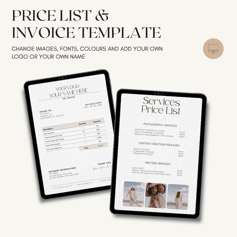 K&ouml;nnte beinhalten: Eine digitale Preislisten- und Rechnungsvorlage auf zwei Tablets. Der Text lautet PRICE LIST & INVOICE TEMPLATE, Services Price List, und enth&auml;lt Abschnitte f&uuml;r Fotografie, Content-Erstellung und Schreibdienste mit Platzhalterbildern.