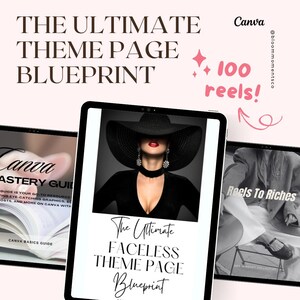 May include: Digital marketing graphic with the text "THE ULTIMATE THEME PAGE BLUEPRINT" and "100 reels!". The image features a woman in a black hat and a tablet displaying a Canva guide. The Canva logo is visible.