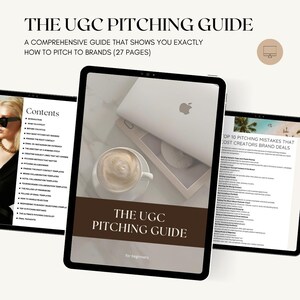 K&ouml;nnte beinhalten: Ein digitaler Leitfaden mit dem Titel The UGC Pitching Guide f&uuml;r Anf&auml;nger, der auf drei Tablet-Bildschirmen angezeigt wird. Der Inhalt umfasst ein Inhaltsverzeichnis, ein Deckblatt mit Kaffeetasse und Laptop sowie eine Liste der h&auml;ufigsten Fehler.
