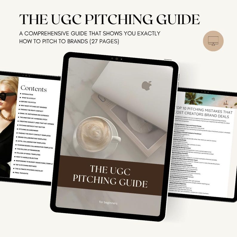 K&ouml;nnte beinhalten: Ein digitaler Leitfaden mit dem Titel The UGC Pitching Guide f&uuml;r Anf&auml;nger, der auf drei Tablet-Bildschirmen angezeigt wird. Der Inhalt umfasst ein Inhaltsverzeichnis, ein Deckblatt mit Kaffeetasse und Laptop sowie eine Liste der h&auml;ufigsten Fehler.