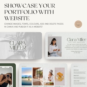 K&ouml;nnte beinhalten: Eine digitale Portfolio-Website-Vorlage mit dem Text SHOWCASE YOUR PORTFOLIO WITH WEBSITE. Das Layout enth&auml;lt Abschnitte f&uuml;r Clara Miller, eine Content-Erstellerin, mit Platzhaltern f&uuml;r Bilder, Dienstleistungen und Kontaktinformationen.