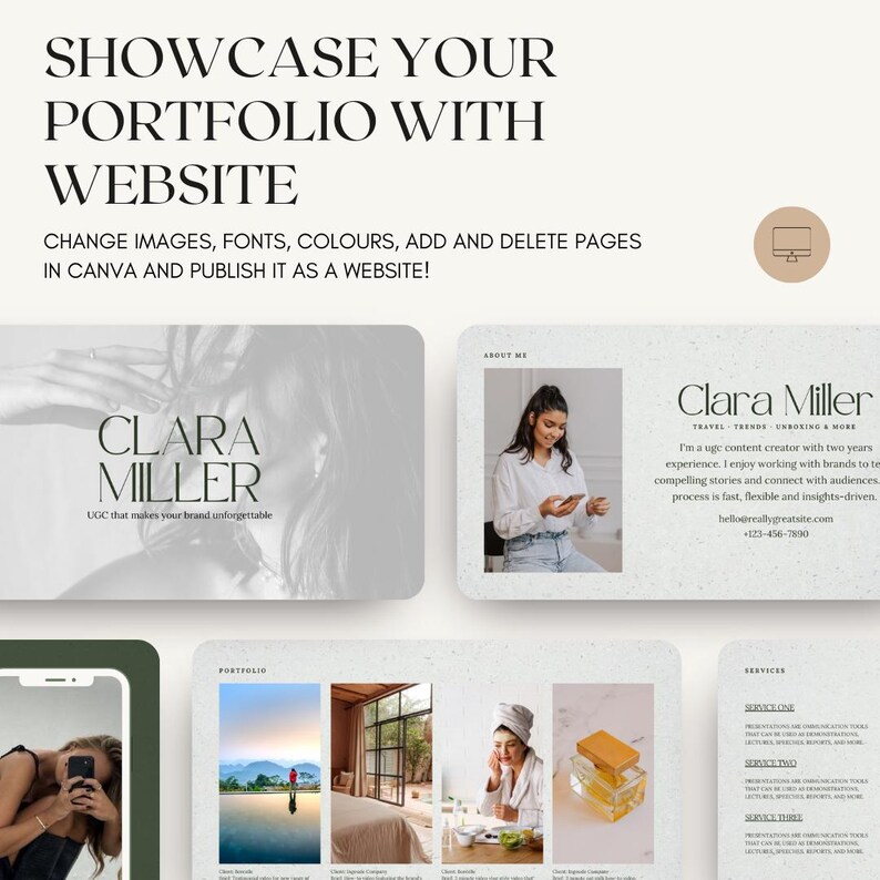 K&ouml;nnte beinhalten: Eine digitale Portfolio-Website-Vorlage mit dem Text SHOWCASE YOUR PORTFOLIO WITH WEBSITE. Das Layout enth&auml;lt Abschnitte f&uuml;r Clara Miller, eine Content-Erstellerin, mit Platzhaltern f&uuml;r Bilder, Dienstleistungen und Kontaktinformationen.
