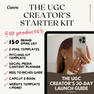 Puede incluir: Un kit de marketing digital titulado "THE UGC CREATOR'S STARTER KIT" con 10 productos, que incluye una lista de correo electrónico, plantillas y guías. La imagen presenta una tableta que muestra una guía y una persona sosteniendo un teléfono.