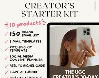 Kit de inicio para creadores de contenido UGC para principiantes. Guía para creadores de contenido. Kit de medios UGC. Plantilla de Canva mrr plr. Lista de marcas para creadores de contenido UGC dfy.