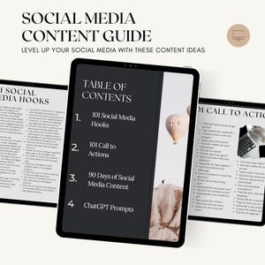 K&ouml;nnte beinhalten: Ein digitaler Social-Media-Inhaltsleitfaden auf drei Tablet-Bildschirmen. Der mittlere Bildschirm zeigt ein Inhaltsverzeichnis mit vier Abschnitten: 101 Social Media Hooks, 101 Call to Actions, 90 Days of Social Media Content und ChatGPT Prompts.