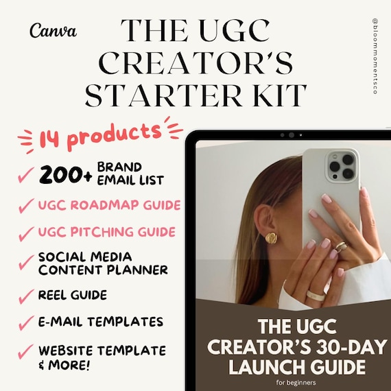 UGC Creator Starter Kit for Beginner Content Creator Blueprint UGC Media Kit Creator Guide mrr plr Canva Template UGC Creator Brand List dfy
