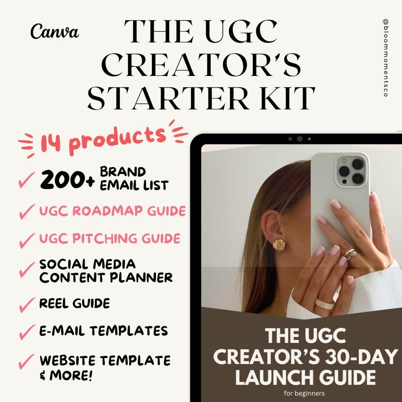 K&ouml;nnte beinhalten: Eine digitale Produktwerbung mit dem Titel THE UGC CREATOR'S STARTER KIT. Sie listet 14 Produkte auf, darunter eine Liste mit &uuml;ber 200 Marken-E-Mails, einen Roadmap-Leitfaden, einen Pitching-Leitfaden, einen Inhaltsplaner und Vorlagen.