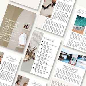 K&ouml;nnte beinhalten: Ein digitaler Leitfaden mit mehreren Seiten aus Text und Bildern &uuml;ber nutzergenerierte Inhalte. Die Seiten enthalten &Uuml;berschriften wie Contents, Introduction to User-Generated Content und Starbucks: Brewing Engagement with #WhiteCupContest.