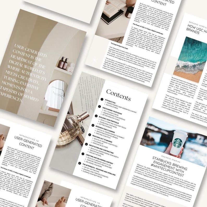 K&ouml;nnte beinhalten: Ein digitaler Leitfaden mit mehreren Seiten aus Text und Bildern &uuml;ber nutzergenerierte Inhalte. Die Seiten enthalten &Uuml;berschriften wie Contents, Introduction to User-Generated Content und Starbucks: Brewing Engagement with #WhiteCupContest.