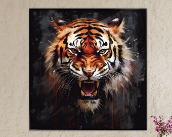 Tiger Roar, Dark Tones Textured Painting, 100% Hand Painted, Wall Decor Living Room, Acrylic Abstract Oil Painting, Office Wall Art