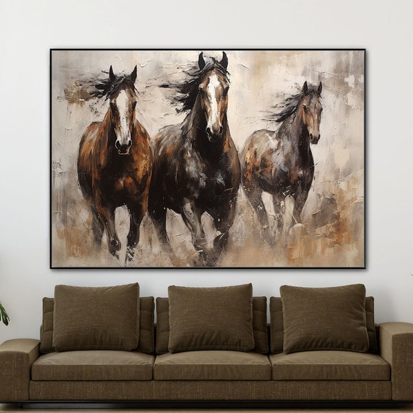 Brown Horse, Running Horse, Three Horses,  Textured Painting, 100% Hand Painted, Wall Decor Living Room, Acrylic Abstract Oil Painting