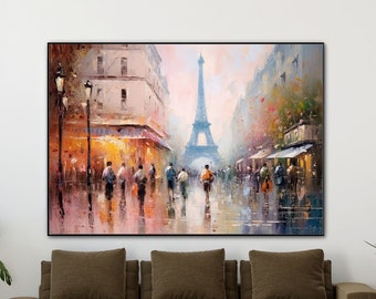 Pittura d'arte originale della città di Parigi, gente che cammina nelle vivaci strade di Parigi, pittura a olio del paesaggio della città di Parigi, pittura d'arte del soggiorno