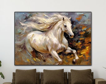 White Horse, Running Horse, Textured Painting, 100% Hand Painted, Wall Decor Living Room, Acrylic Abstract Oil Painting, Office Wall Art