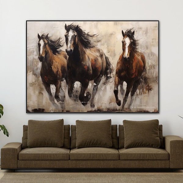 Brown Horse, Running Horse, Three Horses Textured Painting, 100% Hand Painted, Wall Decor Living Room, Abstract Oil Painting, Office Wall