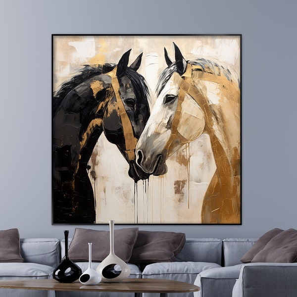 Two Horses Oil Painting on Canvas Abstract Horse Love Painting Horse Art for Horse Lover Brown and White Modern Art for wedding Couple