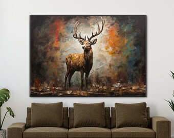 Deer, Dark Tones Textured Painting, 100% Hand Painted, Wall Decor Living Room, Acrylic Abstract Oil Painting, Office Wall Art