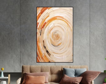 Circle, Boho, Orange, Beige Textured Painting, 100% Hand Painted, Wall Decor Living Room, Acrylic Abstract Oil Painting, Office Wall Art