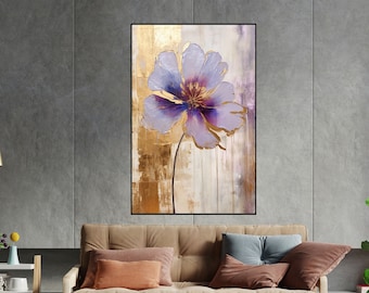 Flower, Purple, Gold, Beige Textured Painting, 100% Hand Painted, Wall Decor Living Room, Acrylic Abstract Oil Painting, Office Wall Art