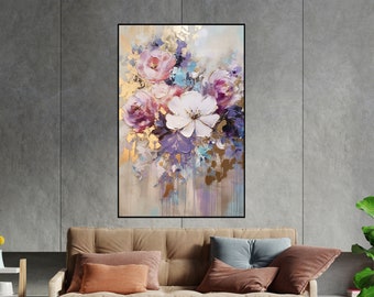 Flower Bunch, Gold, Purple, Pink Textured Painting, 100% Hand Painted, Wall Decor Living Room, Acrylic Abstract Oil Painting, Office Wall